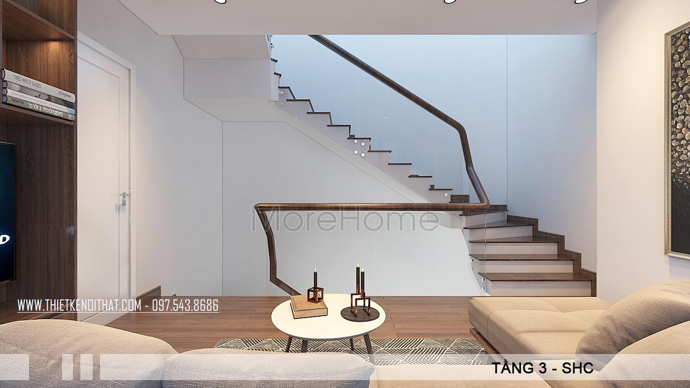 Cầu thang gỗ trong mẫu thiết kế biệt thự VinHome Thăng Long